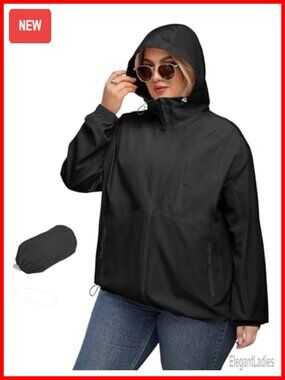 Plus Size Waterproof Rain Jacket with Hood Women's Windproof Raincoat